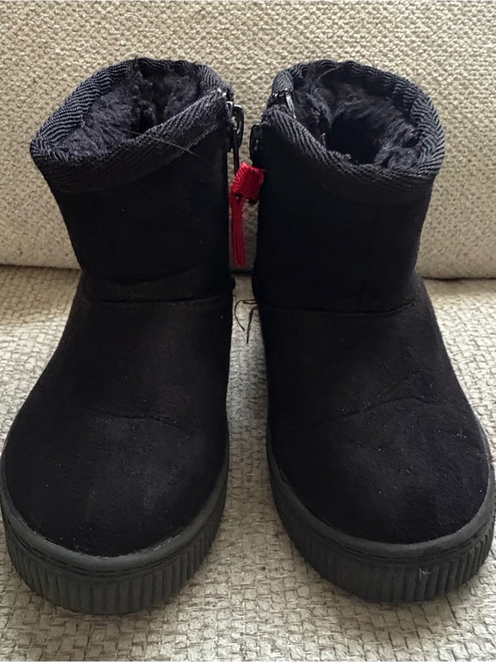Cat & Jack Black Girls Faux-Fur Ankle Boots with Red Zipper Pull